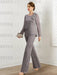Side view of grey chiffon wide-leg pantsuit with ruffle detail