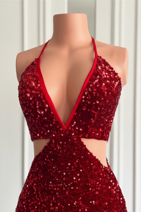 Wine Red Halter Sequins Mermaid Prom Dress with Split