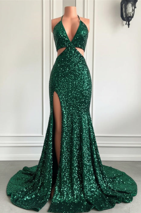 Wine Red Halter Sequins Mermaid Prom Dress with Split