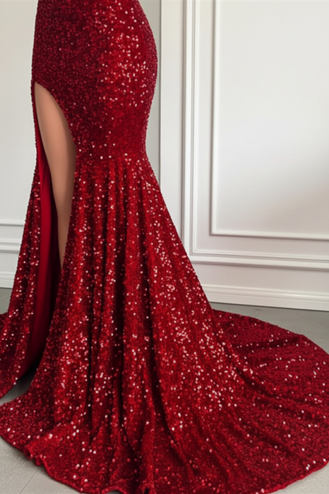 Wine Red Halter Sequins Mermaid Prom Dress with Split