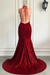 Wine Red Halter Sequins Mermaid Prom Dress with Split
