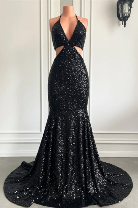 Wine Red Halter Sequins Mermaid Prom Dress with Split