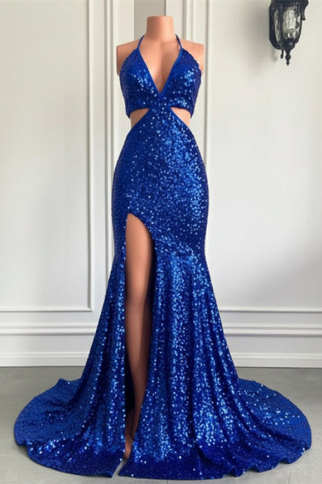 Wine Red Halter Sequins Mermaid Prom Dress with Split