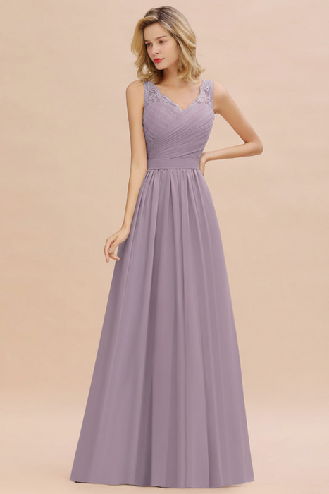 Wisteria Modest Floral Lace A-line Bridesmaid Dress V-Neck Floor Length Chiffon Wedding Guest Dress 