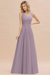Wisteria Modest Floral Lace A-line Bridesmaid Dress V-Neck Floor Length Chiffon Wedding Guest Dress 