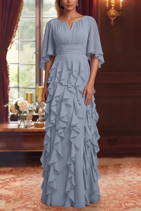 Wisteria Chiffon Mother of the Bride Dress Flutter Sleeves with Cascading Ruffles