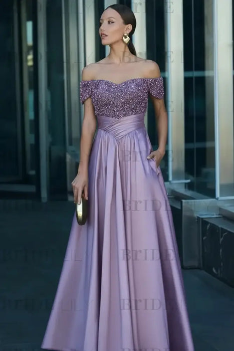 Wisteria Off-the-Shoulder Satin Aline Formal Dress with Beadings