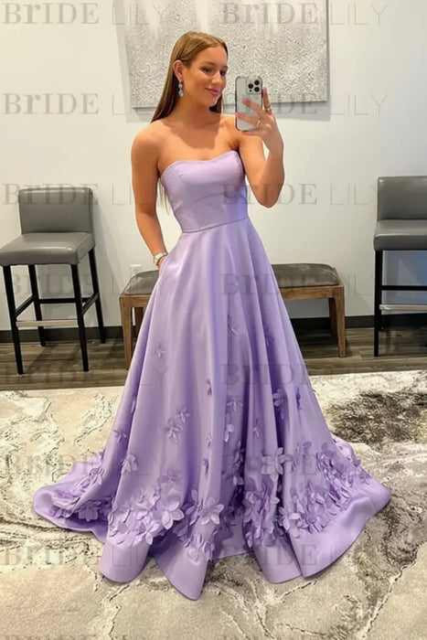 Wisteria Strapless Satin Long Prom Dresses with 3D Flowers