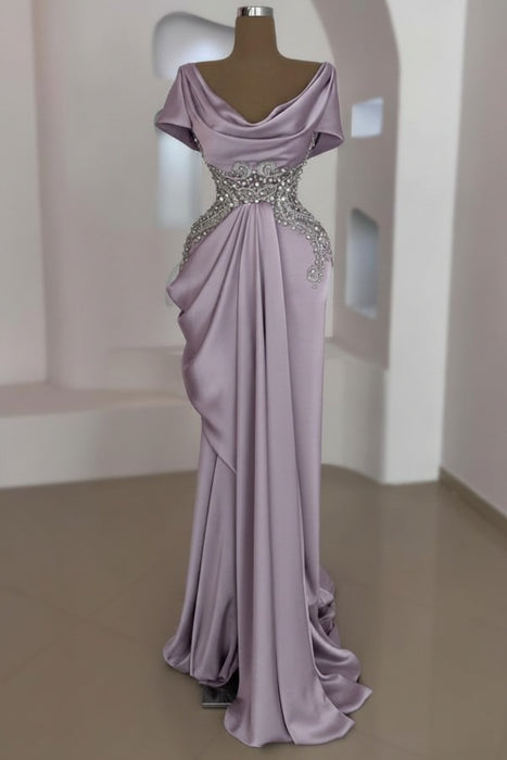 Wisteria Scoop Neck Ruffles Satin Prom Dress Mermaid Sleeveless Evening Dress with Beads