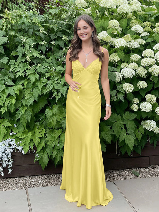 Yellow V-neck Beaded Satin A Line Prom Dress