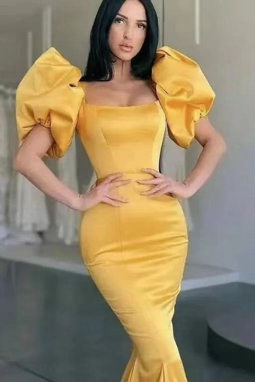 Yellow Bubble Sleeve Mermaid Long Prom Dress