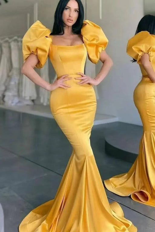 Yellow Bubble Sleeve Mermaid Long Prom Dress