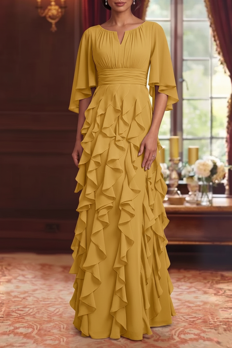 Yellow Chiffon Mother of the Bride Dress Flutter Sleeves with Cascading Ruffles