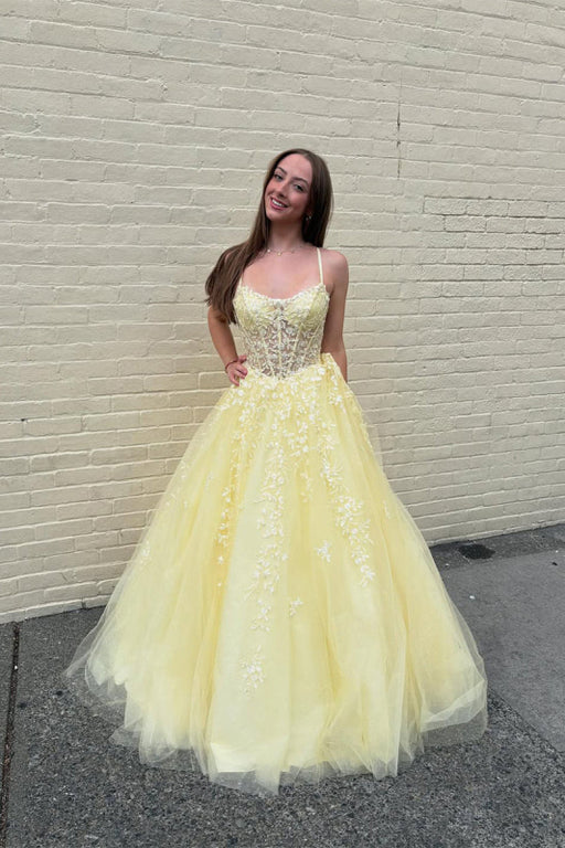 Yellow Floral A Line Lace Tulle Long Prom Dress with Appliques