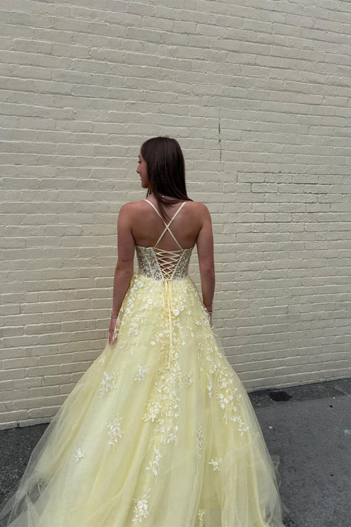 Yellow Floral A Line Lace Tulle Long Prom Dress with Appliques