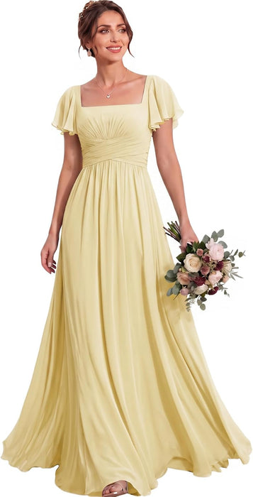 Bridelily Women's Flutter Sleeves Bridesmaid Dresses Square Neck Chiffon Maxi Dres - Yellow