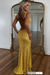 Yellow Glitter Sequins Sleeveless V Neck Prom Dress Long with Split