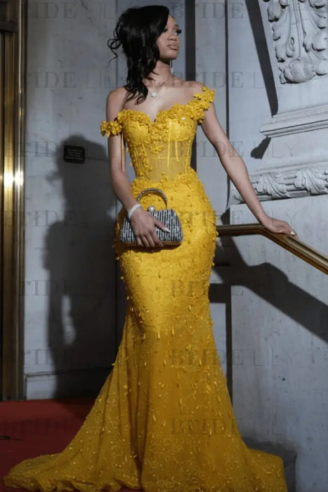 Strapless Beadings Mermaid Prom Dress Yellow with Tassels