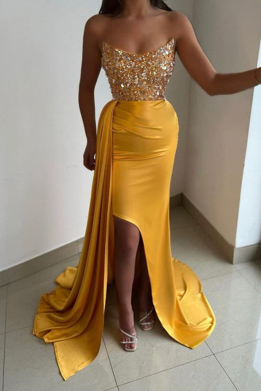 Yellow Off-The-Shoulder Long Mermaid Prom Dress with Sequins and Pleats