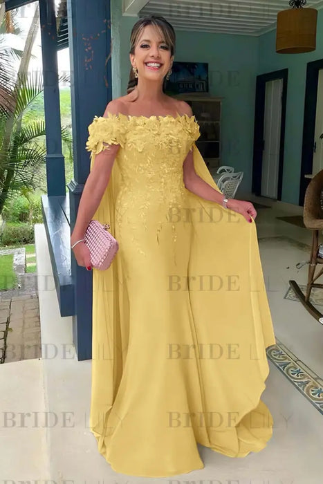 knee length dresses for ladies Off The Shoulder Yellow Wedding Guest Dress Formal Party Dress J6936 –  JulyProm main image 1