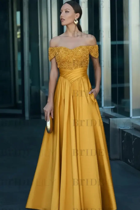 Yellow Off-the-Shoulder Satin Aline Formal Dress with Beadings