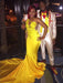 Yellow One-Shoulder Long Sleeve Mermaid Prom Dress with Appliques