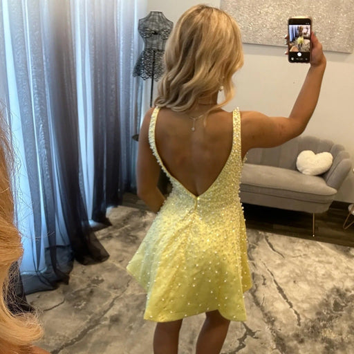 Yellow Pearl Beaded V-Neck Short Homecoming Dress