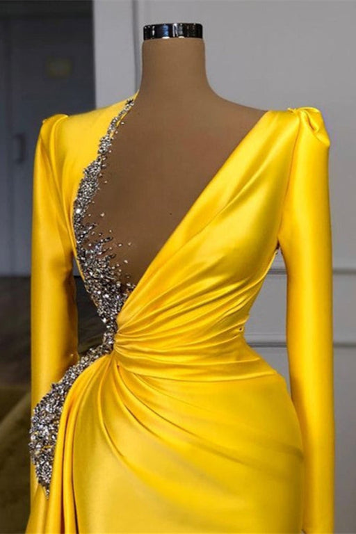 Yellow Prom Dress with Beads Sequins and Long Sleeves