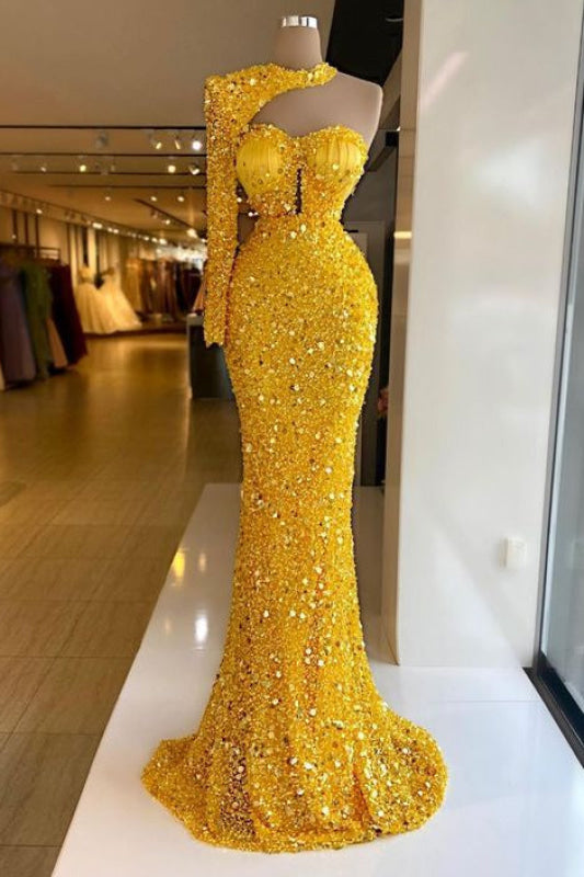 Yellow Sequin Mermaid Prom Dress