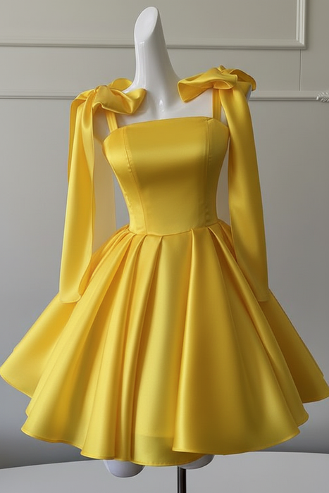 Yellow Sexy Satin Aline Homecoming Dress Short Prom Dress with Straps