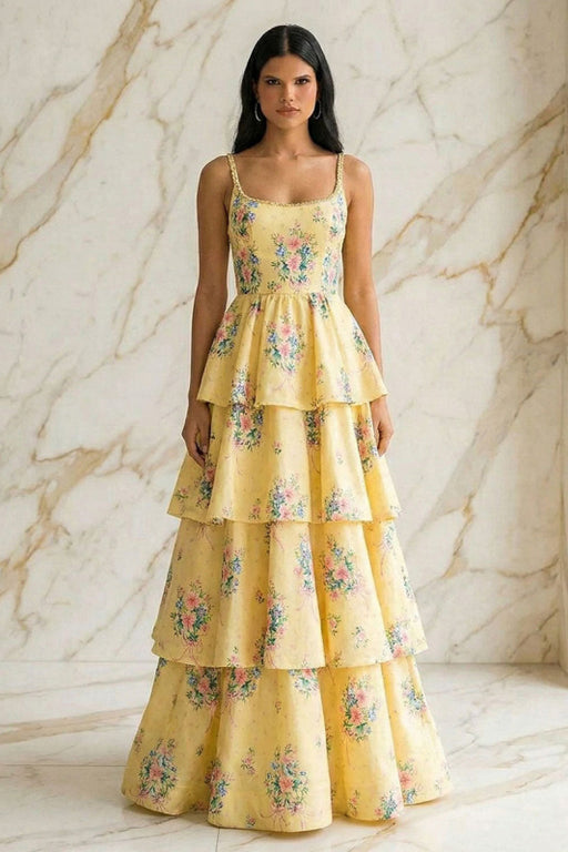 Yellow Spaghetti Straps Floral Tiered A-Line Prom Dress