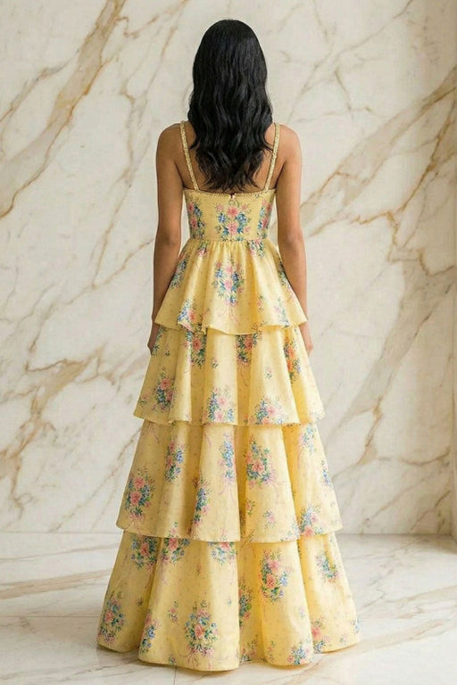 Yellow Spaghetti Straps Floral Tiered A-Line Prom Dress