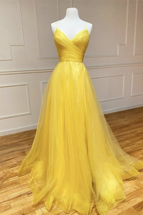 Yellow Spaghetti-Straps Prom Dress with String Back