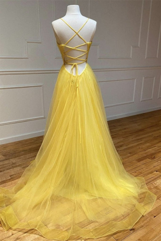 Yellow Spaghetti-Straps Prom Dress with String Back — Bridelily