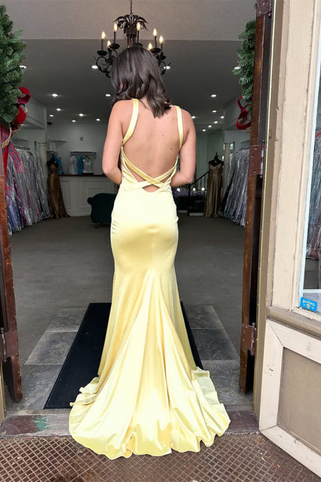 Yellow Spaghetti Straps Satin V-Neck Mermaid Long Prom Dress