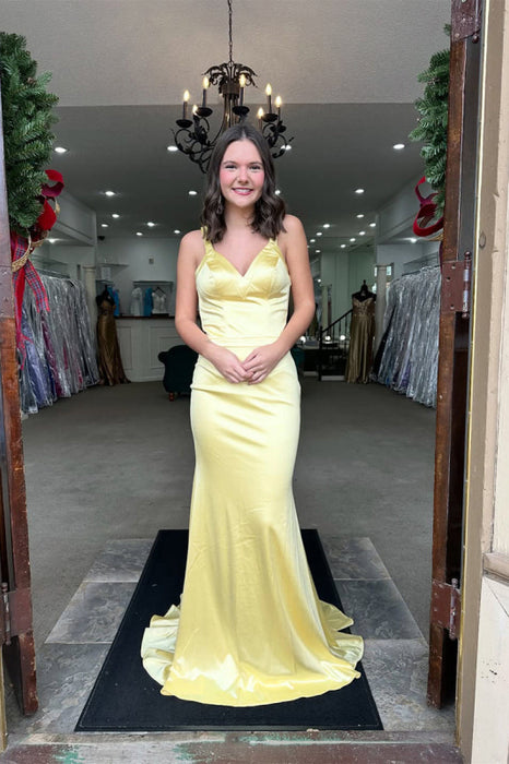 Yellow Spaghetti Straps Satin V-Neck Mermaid Long Prom Dress