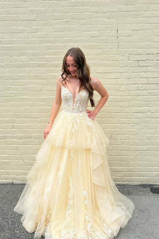 Yellow Spaghetti Straps Tulle A-Line Long Prom Dress with Floral Lace