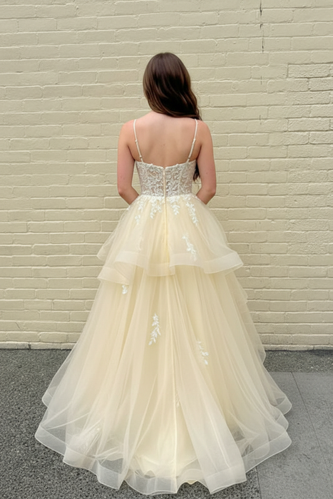 Yellow Spaghetti Straps Tulle A-Line Long Prom Dress with Floral Lace