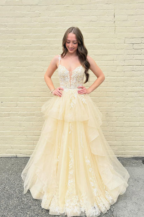 Yellow Spaghetti Straps Tulle A-Line Long Prom Dress with Floral Lace Bridelily Yellow Spaghetti Straps Tulle A-Line Long Prom Dress with Floral Lace Bridelily