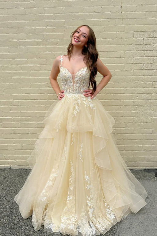 Yellow Spaghetti Straps Tulle A-Line Long Prom Dress with Floral Lace