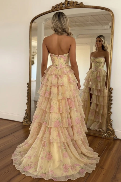Yellow Strapless Chiffon A-Line Long Prom Dress with Floral - Yellow - Prom Dresses