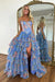 Yellow Strapless Chiffon A-Line Long Prom Dress with Floral - Blue - Prom Dresses