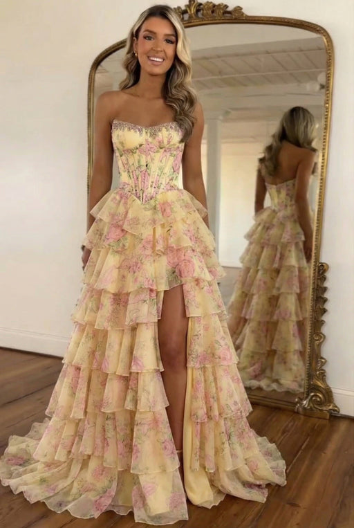 Yellow Strapless Chiffon A-Line Long Prom Dress with Floral - Yellow - Prom Dresses