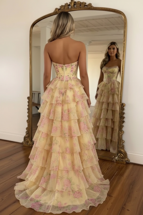 Yellow Strapless Chiffon A-Line Long Prom Dress with Floral - Yellow - Prom Dresses