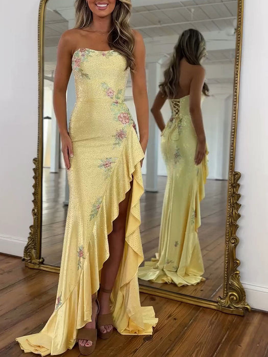 Yellow Strapless Floral Rhinestone Corset Prom Dress with Front Split