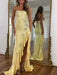 Yellow Strapless Floral Rhinestone Corset Prom Dress with Front Split