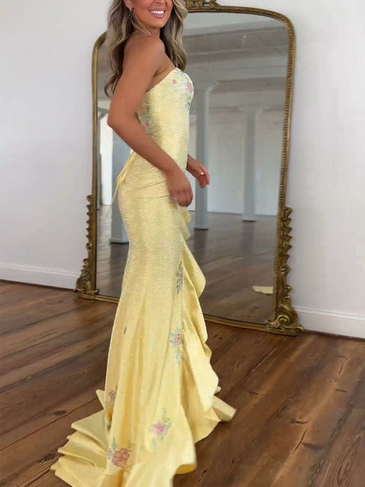 Yellow Strapless Floral Rhinestone Corset Prom Dress with Front Split