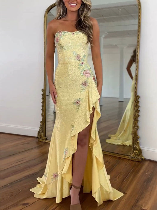 Yellow Strapless Floral Rhinestone Corset Prom Dress with Front Split