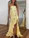 Yellow Strapless Floral Rhinestone Corset Prom Dress with Front Split