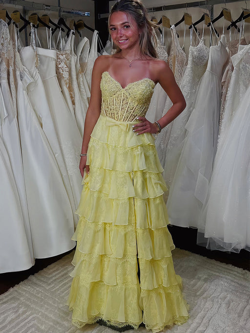 Strapless Lace Corset Prom Dress Long with Front Slit
